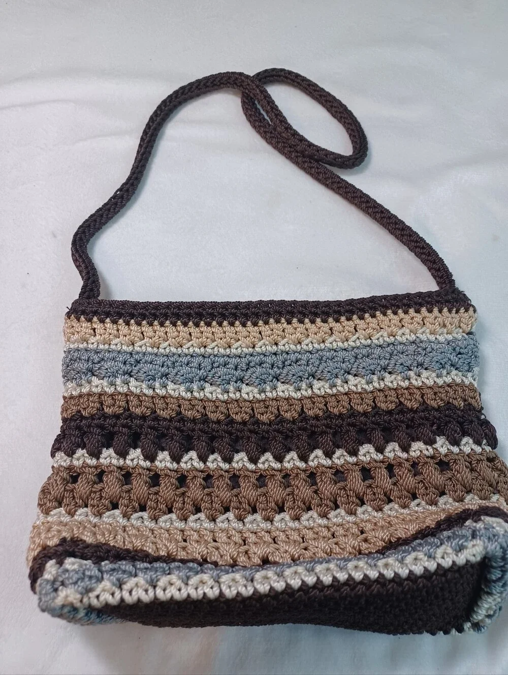 the sak striped crochet knit crossbody shoulder bag brown blue neutral zip